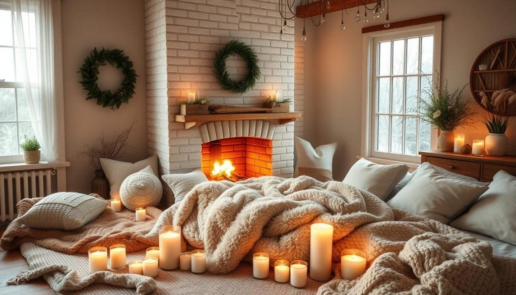 Cozy bedroom essentials with fireplace and candles