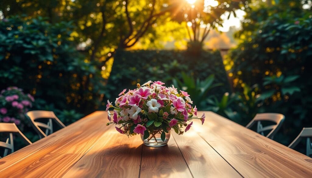 outdoor dining table with fresh flowers centerpiece