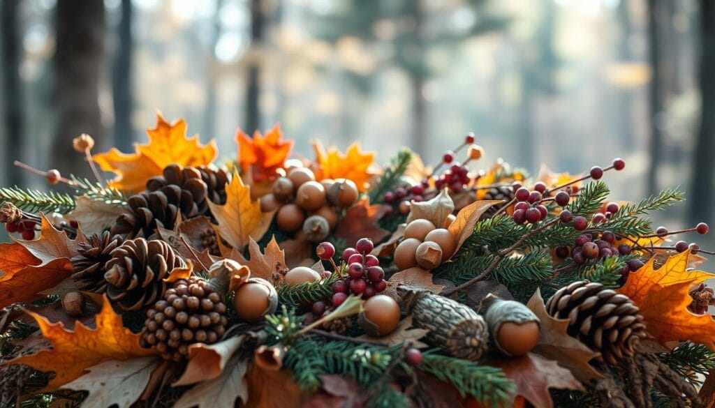 A beautiful arrangement of natural materials for a stunning fall wreath. In the foreground, an assortment of dried leaves, pinecones, and acorns in warm autumnal hues are carefully curated. The middle ground features a mix of seasonal berries, twigs, and sprigs of evergreen foliage, creating a lush, textural composition. In the background, a blurred, ethereal landscape suggests a serene forest setting, with dappled sunlight filtering through the trees. The lighting is soft and natural, highlighting the organic forms and rich colors of the materials. Captured with a shallow depth of field, the image conveys a sense of warmth, abundance, and the beauty of nature's bounty.