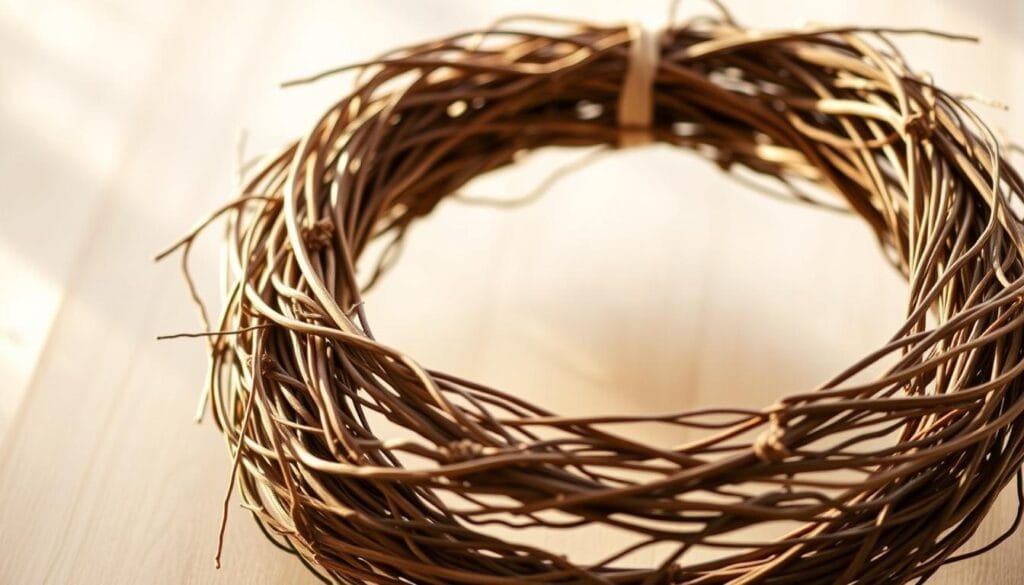 A beautifully crafted grapevine wreath base, its twisted, intertwined strands forming a natural, rustic frame. The wreath is illuminated by soft, warm lighting, casting gentle shadows that accentuate its intricate texture. The camera captures the wreath from an overhead angle, highlighting its circular shape and the organic curvature of the vines. The background is subtly blurred, allowing the wreath to take center stage, exuding a sense of autumnal charm and countryside elegance. This versatile base serves as the perfect foundation for a stunning fall wreath, ready to be adorned with vibrant foliage, delicate flowers, and other natural accents.