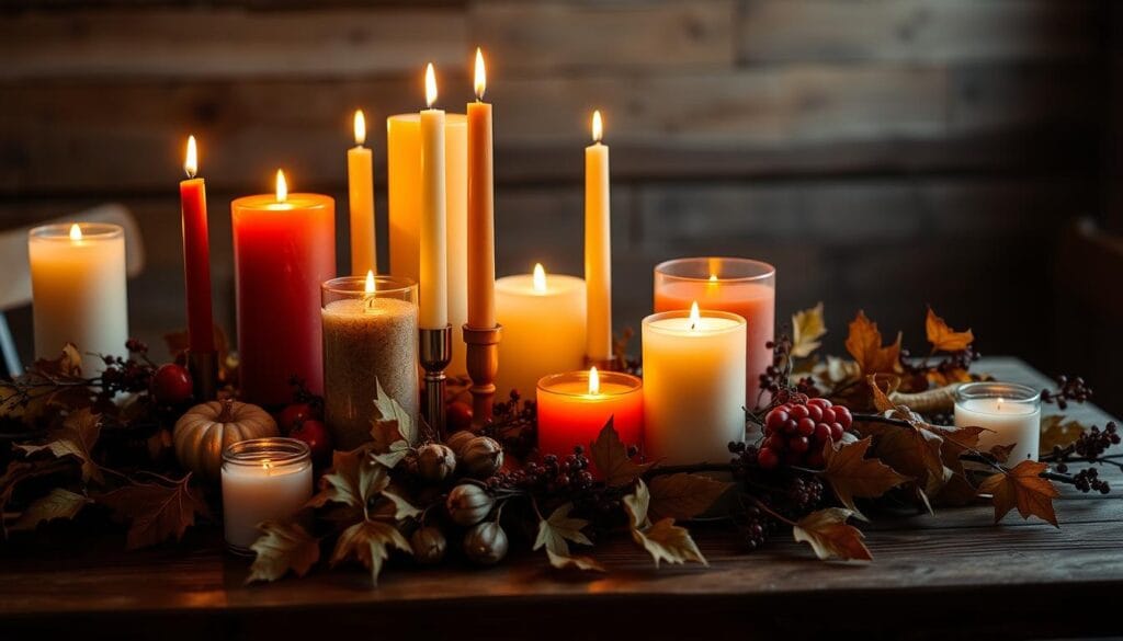 A cozy and inviting table setting with an arrangement of tapered and pillar candles in varying heights, diameters, and colors. The candles are placed on a rustic wooden table, their gentle flames flickering and casting a warm, soft glow across the setting. The candles are interspersed with seasonal fall foliage, such as dried leaves and berries, creating a natural and organic composition. The lighting is soft and atmospheric, with highlights and shadows accentuating the textures and shapes of the candles and their surroundings. The overall mood is one of intimate ambiance, perfect for a cozy fall dinner party or gathering.
