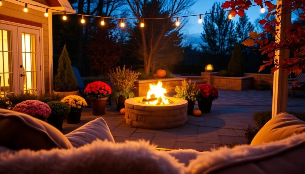 A cozy autumn evening in a serene outdoor space, illuminated by the warm glow of string lights and a crackling firepit. In the foreground, plush cushions and a fuzzy blanket invite guests to nestle in and savor the moment. The middle ground features an arrangement of potted mums, pumpkins, and seasonal foliage, casting gentle shadows across the scene. In the background, a stone patio is framed by the rich hues of autumn leaves, creating a sense of coziness and natural tranquility. The lighting is soft and intimate, lending an inviting ambiance perfect for relaxation and conversation on a chilly autumn night.