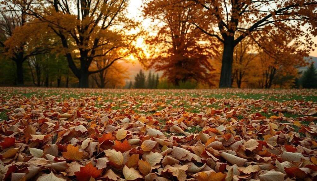 A cozy autumn landscape with a warm, earthy color palette. In the foreground, a lush arrangement of fallen leaves in rich shades of brown, ochre, and olive green, delicately scattered across the ground. In the middle ground, a mix of deciduous trees with branches swaying gently, their leaves transitioning from vibrant greens to golden yellows, burnt oranges, and deep russets. The background features a soft, hazy horizon, with the setting sun casting a gentle, amber glow across the scene, creating a serene and inviting atmosphere. Capture this natural, soothing color harmony through a medium-wide, slightly low-angled perspective, emphasizing the calming, comforting mood of the autumn palette.