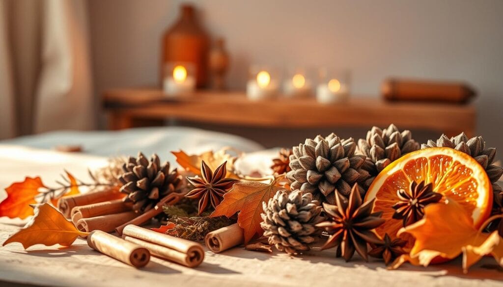 A cozy autumn scene, capturing the essence of the best fall scents. In the foreground, an arrangement of seasonal botanicals - cinnamon sticks, star anise, pinecones, and dried orange slices. Soft, warm lighting bathes the scene, casting a golden glow. In the middle ground, a rustic wooden table or shelf, adorned with a few small votive candles flickering gently. The background is a neutral, earthy palette, suggesting the tranquility of a serene indoor space. The overall mood is one of comfort, coziness, and the inviting aroma of autumn's finest fragrances.