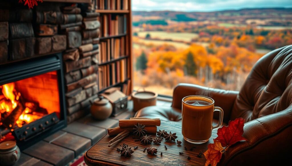 A cozy autumn scene filled with warm, spicy aromas. In the foreground, a crackling fireplace casts a soft, amber glow over a plush leather armchair and a mug of steaming cider. Surrounding the chair, an assortment of seasonal spices - cinnamon sticks, star anise, and cloves - are scattered on a wooden side table. In the middle ground, a bookshelf overflows with leather-bound volumes, their earthy tones complementing the rich, autumnal palette. The background features a panoramic view of a picturesque countryside, with rolling hills and vibrant trees ablaze in shades of red, orange, and gold. The overall atmosphere is one of comfort, tranquility, and the inviting scents of fall.