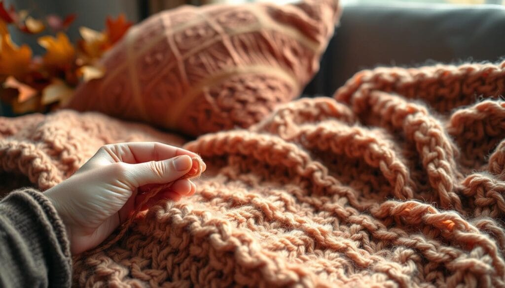 A cozy autumn scene unfolds, showcasing a hand-knitted throw blanket in warm, earthy tones. In the foreground, fingers deftly intertwine yarn, creating a textured pattern that echoes the changing leaves outside the window. Soft, diffused lighting illuminates the textured surface, casting gentle shadows and highlighting the organic feel of the handcrafted project. In the background, a plush, autumnal-hued pillow rests, complementing the throw blanket and creating a inviting, seasonal vignette. The overall atmosphere exudes a sense of comfort, creativity, and the joys of DIY crafting during the fall season.