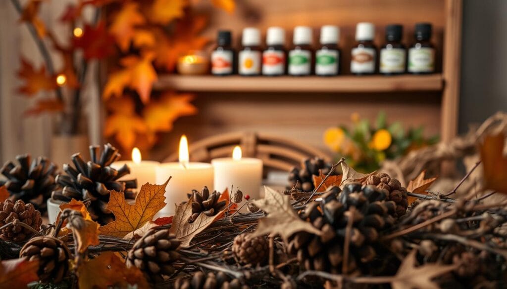 A cozy autumn scene with earthy and woody fragrance notes. In the foreground, a collection of pinecones, dried leaves, and fragrant twigs in warm autumnal hues. The middle ground features a cluster of gently glowing candles, their flames flickering softly. In the background, a rustic wooden shelf displays an array of essential oil bottles, their labels hinting at scents of cedarwood, sandalwood, and vetiver. Soft, diffused lighting casts a comforting glow, evoking a sense of coziness and relaxation. The overall atmosphere is one of natural warmth and inviting earthiness.