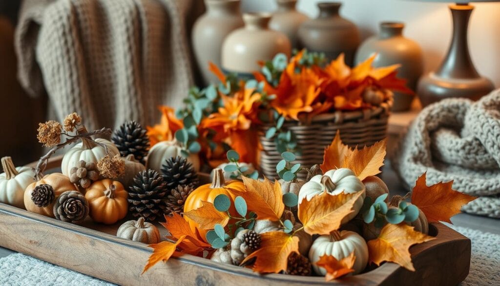 A cozy autumn still life showcasing an artful arrangement of textured fall decor. In the foreground, a rustic wooden tray holds a collection of decorative gourds, pinecones, and dried flowers. The middle ground features a woven basket overflowing with vibrant orange and ochre leaves, interspersed with sprigs of eucalyptus. In the background, a plush knitted throw and a collection of smooth ceramic vases create a warm, inviting atmosphere, lit by the soft, diffused glow of a tabletop lamp. The overall scene evokes a sense of autumnal comfort and layered, natural elegance.