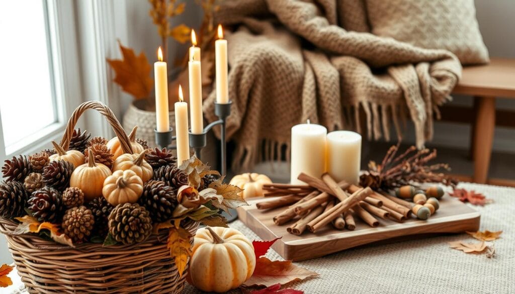 A cozy autumn vignette filled with handcrafted natural elements. In the foreground, a woven wicker basket overflows with pinecones, dried leaves, and gourds in earthy tones. Beside it, a cluster of beeswax candles in varying heights cast a warm, flickering glow. In the middle ground, a rustic wooden tray displays an artful arrangement of fragrant cinnamon sticks, acorns, and twigs. In the background, a plush knitted throw and a wooden bench evoke a sense of hygge. Soft, diffused lighting from a nearby window illuminates the scene, highlighting the tactile textures and autumnal hues. The overall mood is one of simple, homespun charm and an embrace of the season's natural bounty.