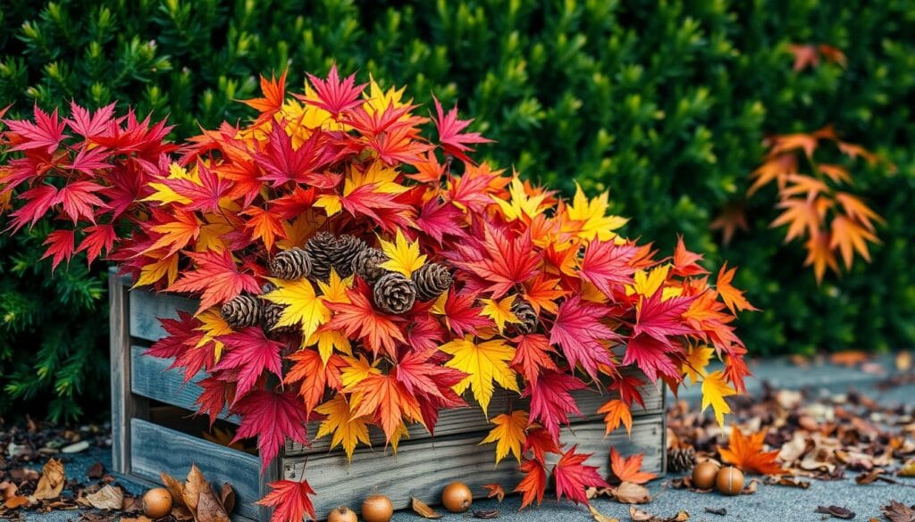 A cozy autumnal arrangement, featuring a vibrant display of fall foliage. In the foreground, a rustic wooden crate overflows with a bountiful harvest of crimson maple leaves, golden yellow ginkgo, and vibrant orange Japanese maples. Cascading around the crate, a scattering of pinecones, acorns, and dried berries add textural interest. The middle ground showcases a lush, verdant backdrop of evergreen boughs, providing a serene contrast to the warm hues. Soft, diffused natural lighting filters through the scene, casting a gentle, golden glow and accentuating the rich autumn palette. Captured with a wide-angle lens to emphasize the inviting, immersive atmosphere of this transitional outdoor display.