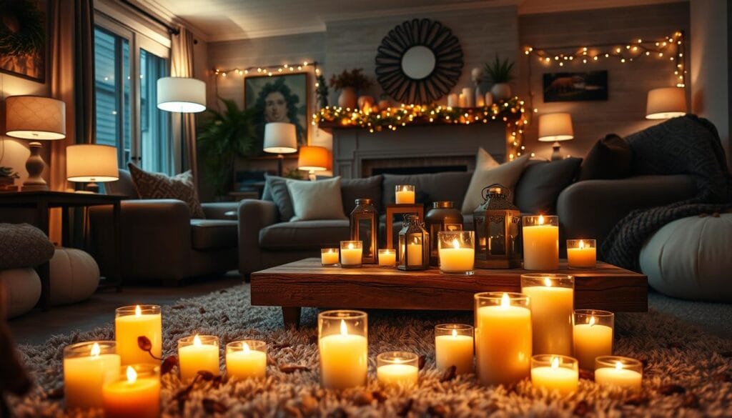 A cozy, dimly lit living room with an array of fall-inspired lighting accents. In the foreground, a cluster of flickering candles casts a warm, golden glow on a plush area rug. In the middle ground, a large, rustic wooden coffee table is adorned with an assortment of metallic lanterns and votives, their flames dancing and reflecting off the polished surface. Beyond, the background features a mix of ambient floor lamps and string lights draped across a mantelpiece, evoking a sense of inviting, autumn-tinged ambiance. The overall scene conveys a tranquil, intimate atmosphere, perfect for setting the mood for a cozy fall evening.