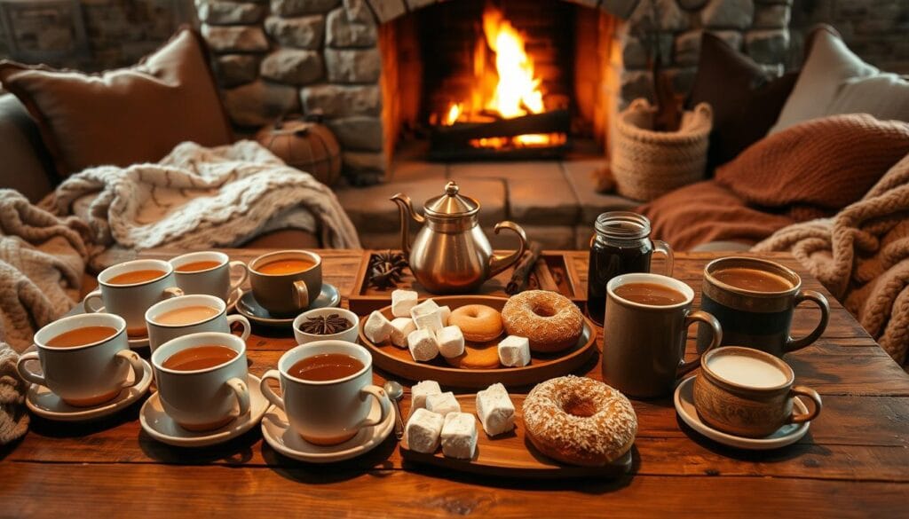 A cozy fall drink station set up on a rustic wood table, with a warm glow from a nearby fireplace. In the foreground, an assortment of mugs, saucers, and spoons arranged neatly. Steaming cups of hot apple cider, mulled wine, and rich hot chocolate. Alongside, a platter of homemade pumpkin bread, cinnamon-sugar dusted donuts, and fluffy marshmallows. The middle ground features a vintage-inspired copper kettle, a tray of cinnamon sticks, star anise, and lemon slices. In the background, a large stone fireplace with a crackling fire, casting a soft, amber light across the scene. Textured throws, plush pillows, and cozy blankets create an inviting, autumnal atmosphere.