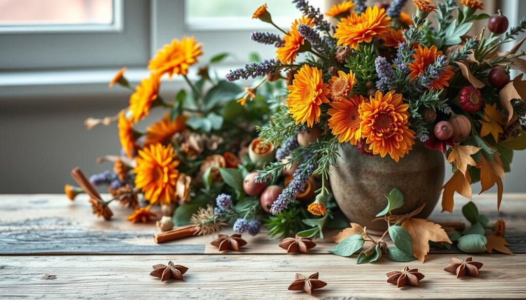 A cozy fall still life featuring an arrangement of lush, autumnal herbs and flowers. In the foreground, a bouquet of fragrant rosemary, lavender, and sage spills out from a rustic ceramic vase. Surrounding it, clusters of dried chrysanthemums, eucalyptus, and oak leaves in warm hues of orange, ochre, and burgundy. The middle ground showcases a wooden table with a rough, textured surface, upon which a few scattered cinnamon sticks and anise stars hint at comforting fall scents. Soft, diffused lighting from an unseen window casts a gentle glow over the scene, creating an atmosphere of tranquil, natural beauty.