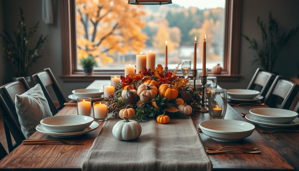 A cozy fall tablescape with a rustic wooden table, adorned with a textured linen runner, seasonal foliage, and an assortment of warm-toned candles. In the foreground, a centerpiece of gourds, pumpkins, and autumn leaves creates a natural, inviting display. The middle ground features elegant place settings with ceramic plates, copper cutlery, and delicate glassware. Soft, diffused lighting casts a golden glow, evoking a sense of comfort and intimacy. In the background, a large window overlooking a tranquil autumnal landscape, with trees in rich hues of orange, red, and yellow, completes the serene, fall-inspired setting.