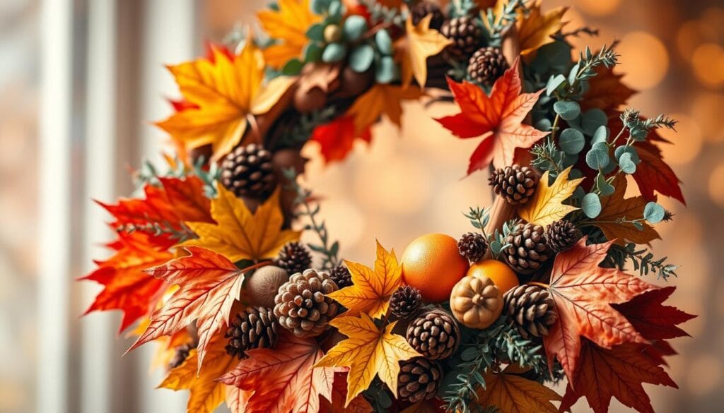 A cozy fall wreath with seasonal foliage and textures. In the foreground, vibrant maple leaves, pinecones, and acorns arranged in an elegant circular composition. In the middle ground, wispy eucalyptus sprigs, cinnamon sticks, and dried oranges add depth and fragrance. The background features a soft, warm-toned bokeh with subtle hints of autumnal hues, evoking a sense of comfort and coziness. Lit by gentle, natural lighting that casts gentle shadows, highlighting the intricate details of the organic elements. Photographed with a shallow depth of field to draw the viewer's eye to the captivating wreath centerpiece.