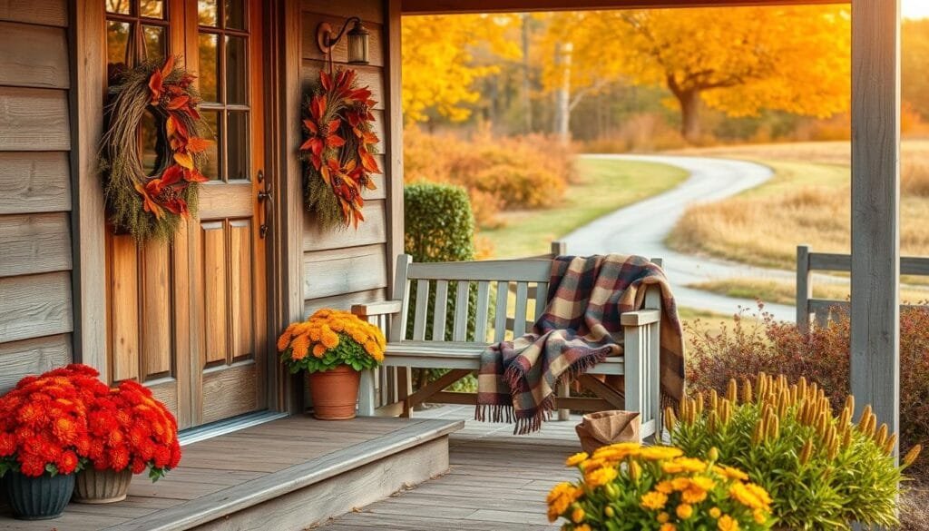 A cozy farmhouse entrance decked with autumnal decor. In the foreground, a rustic wooden door is flanked by a pair of woven wreaths adorned with vibrant orange and red leaves, pine cones, and berries. Potted mums in warm tones sit on either side, their petals cascading down the steps. In the middle ground, a weathered wooden bench is draped with a plaid throw, inviting guests to pause and admire the scene. Beyond, a gently curving path leads through a landscape of burnished foliage, bathed in the soft, golden light of an autumn afternoon. An atmosphere of welcoming comfort and countryside charm pervades the image. A cozy farmhouse entrance decked with autumnal decor. In the foreground, a rustic wooden door is flanked by a pair of woven wreaths adorned with vibrant orange and red leaves, pine cones, and berries. Potted mums in warm tones sit on either side, their petals cascading down the steps. In the middle ground, a weathered wooden bench is draped with a plaid throw, inviting guests to pause and admire the scene. Beyond, a gently curving path leads through a landscape of burnished foliage, bathed in the soft, golden light of an autumn afternoon. An atmosphere of welcoming comfort and countryside charm pervades the image.