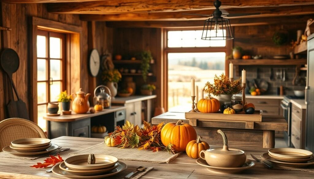 A cozy farmhouse kitchen bathed in warm autumn light, with an abundance of rustic fall accents. In the foreground, a vintage-inspired table setting features earthenware plates, a burlap runner, and a bounty of seasonal produce - pumpkins, gourds, and vibrant fall foliage. The middle ground showcases a worn wooden kitchen island adorned with a copper kettle, cinnamon-scented candles, and a display of artisanal preserves. In the background, exposed wooden beams and a crackling fireplace create a inviting, homely atmosphere, while a large window frames an idyllic countryside view beyond. The overall scene evokes a sense of comfort, nostalgia, and the bounty of the harvest season. A cozy farmhouse kitchen bathed in warm autumn light, with an abundance of rustic fall accents. In the foreground, a vintage-inspired table setting features earthenware plates, a burlap runner, and a bounty of seasonal produce - pumpkins, gourds, and vibrant fall foliage. The middle ground showcases a worn wooden kitchen island adorned with a copper kettle, cinnamon-scented candles, and a display of artisanal preserves. In the background, exposed wooden beams and a crackling fireplace create a inviting, homely atmosphere, while a large window frames an idyllic countryside view beyond. The overall scene evokes a sense of comfort, nostalgia, and the bounty of the harvest season.