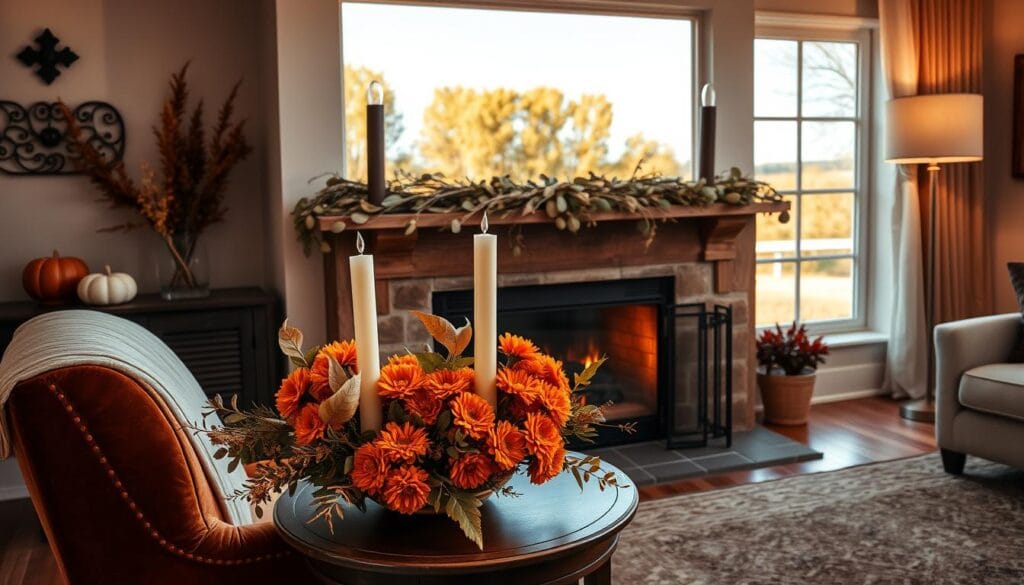 A cozy living room adorned with elegant fall-themed decorations. In the foreground, a plush velvet armchair and a wooden side table display a arrangement of vibrant orange marigolds, dried leaves, and a tall taper candle. On the mantelpiece, a rustic garland of grapevines and eucalyptus frames a crackling fireplace. Soft, warm lighting from sconces and a floor lamp create a inviting ambiance. Through the window, a view of a scenic autumn landscape with golden trees and a clear blue sky. The overall scene evokes a sense of seasonal comfort and charm.