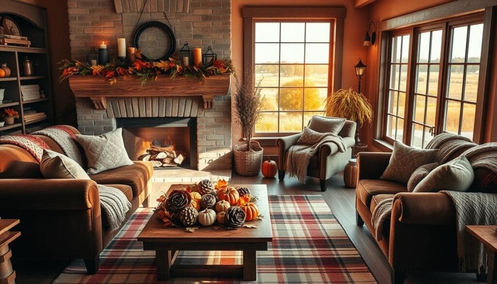 A cozy living room bathed in warm autumn light, adorned with a rustic fireplace mantel adorned with seasonal foliage, lanterns, and candles. In the foreground, a plush velvet sofa and armchair sit atop a plaid area rug, with knit throw blankets and pillows inviting comfort. The middle ground features a wooden coffee table topped with a cornucopia of dried leaves, pinecones, and gourds. Through large windows, a view of a picturesque countryside landscape in golden hues completes the serene, farmhouse-inspired scene. A cozy living room bathed in warm autumn light, adorned with a rustic fireplace mantel adorned with seasonal foliage, lanterns, and candles. In the foreground, a plush velvet sofa and armchair sit atop a plaid area rug, with knit throw blankets and pillows inviting comfort. The middle ground features a wooden coffee table topped with a cornucopia of dried leaves, pinecones, and gourds. Through large windows, a view of a picturesque countryside landscape in golden hues completes the serene, farmhouse-inspired scene.