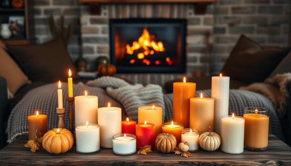 A cozy living room with a warm fireplace in the background, casting a soft, inviting glow. In the foreground, an array of fall-themed candles in varying shapes, sizes, and colors - from classic tapers to chunky pillar candles. The candles are arranged on a rustic wooden coffee table, their flames flickering and casting a gentle, autumnal light throughout the space. The middle ground features plush, earth-toned throws and pillows, creating a comfortable and welcoming atmosphere. The overall scene evokes a sense of seasonal comfort and relaxation, perfect for setting the mood for a cozy fall evening.