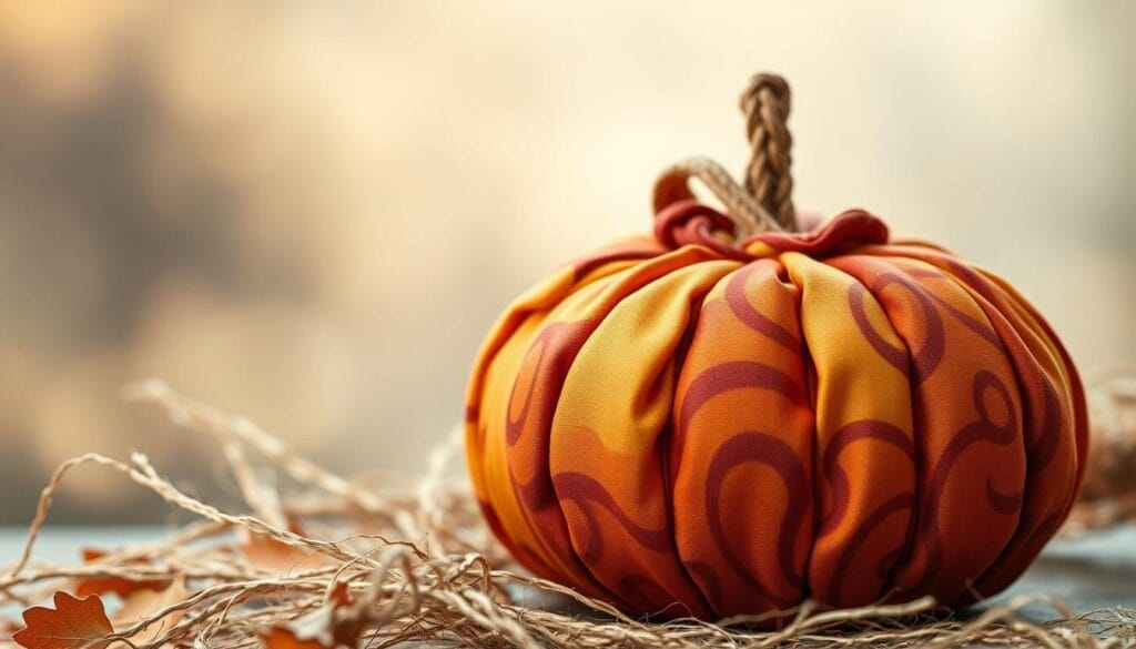 A cozy pumpkin decor piece, crafted from soft, natural fabrics. In the foreground, a pumpkin-shaped form is delicately adorned with swirling patterns of warm, earthy tones - burnt orange, mustard yellow, and deep crimson. The fabric is gathered and stitched to create a textural, almost quilted effect. In the middle ground, wispy strands of natural fiber, perhaps jute or sisal, cascade around the pumpkin, adding depth and movement. The background is hazy and diffused, suggesting a serene, autumnal setting, with muted lighting that casts a gentle, golden glow upon the fabric pumpkin. An elegant, handcrafted piece that seamlessly blends the organic shapes of pumpkins with the inviting tactility of textile art.