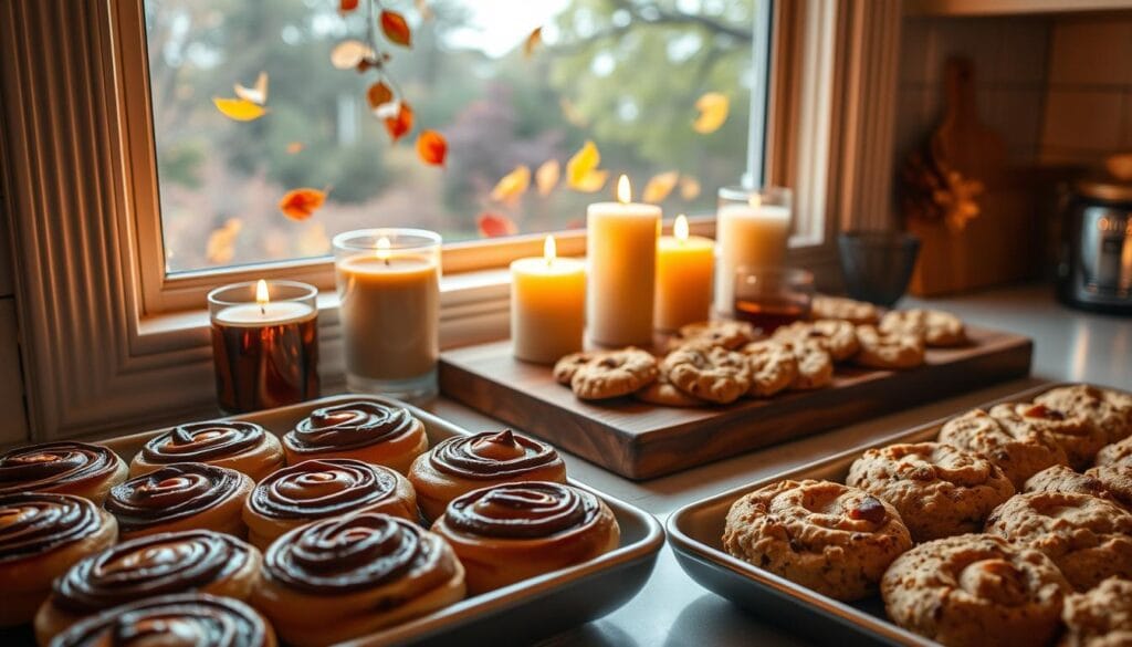 A cozy, softly lit kitchen counter displaying an assortment of homemade baked goods. In the foreground, a tray of freshly baked cinnamon rolls, their caramelized tops glistening under warm lighting. Beside them, a platter of crumbly, golden-brown cookies, their buttery aroma wafting through the air. In the middle ground, a rustic wooden board showcases a selection of scented candles, their flames casting a gentle glow. The background features a window overlooking a picturesque autumn landscape, with falling leaves drifting past. The overall atmosphere is one of comfort, warmth, and the irresistible scent of baked treats, inviting the viewer to step into this cozy, inviting scene.