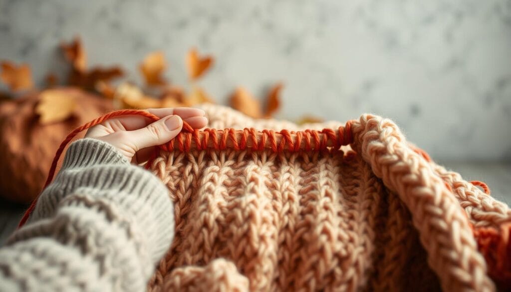 A cozy throw blanket being carefully crafted using a looping technique. In the foreground, skillful hands weave vibrant yarn in a delicate, interlocking pattern. The mid-ground showcases the gradual development of the soft, textured fabric, while the background captures a warm, inviting atmosphere with muted, autumnal tones. Soft, natural lighting from an overhead source casts a gentle glow, highlighting the intricate stitches and the patience required to create this handmade masterpiece. The overall scene evokes a sense of tranquility and the rewarding process of crafting a cherished, homemade item.