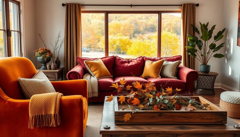 A cozy, well-lit living room with a vibrant fall color palette. In the foreground, a plush velvet armchair in a rich burnt orange hue, complimented by a woven throw blanket in shades of mustard and terracotta. On the coffee table, a rustic wooden tray holds an arrangement of seasonal foliage - oak leaves, maple branches, and sprigs of eucalyptus in warm autumnal tones. The middle ground features a large, inviting sofa in a deep burgundy, accented by plump pillows in earthy tones of ochre and sage. In the background, a large picture window frames a scenic landscape with vibrant fall foliage, casting a warm, golden glow throughout the space. The overall mood is one of comfort, coziness, and the inviting embrace of the autumn season.