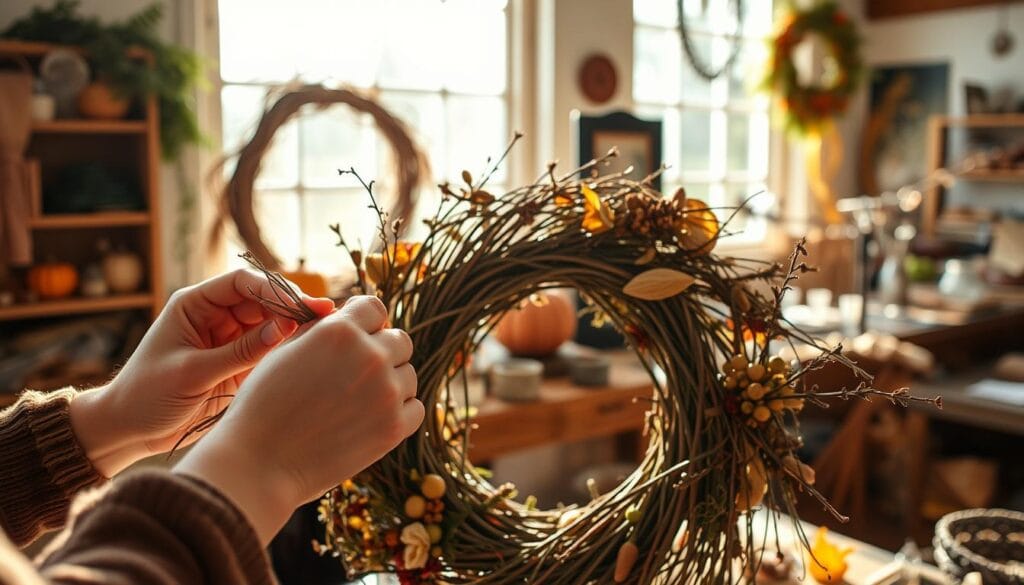 A detailed step-by-step process of crafting a lush, autumnal wreath. In the foreground, an artisan's hands delicately weaving a base of natural materials like grapevines, pine branches, and dried flowers. In the middle ground, the wreath takes shape, its layers and textures gradually building. The background features a cozy, well-lit workspace, with sunlight streaming in from windows, casting a warm glow on the scene. The atmosphere is one of peaceful focus and creative inspiration, inviting the viewer to imagine themselves immersed in the satisfying process of handcrafting a beautiful seasonal decoration.