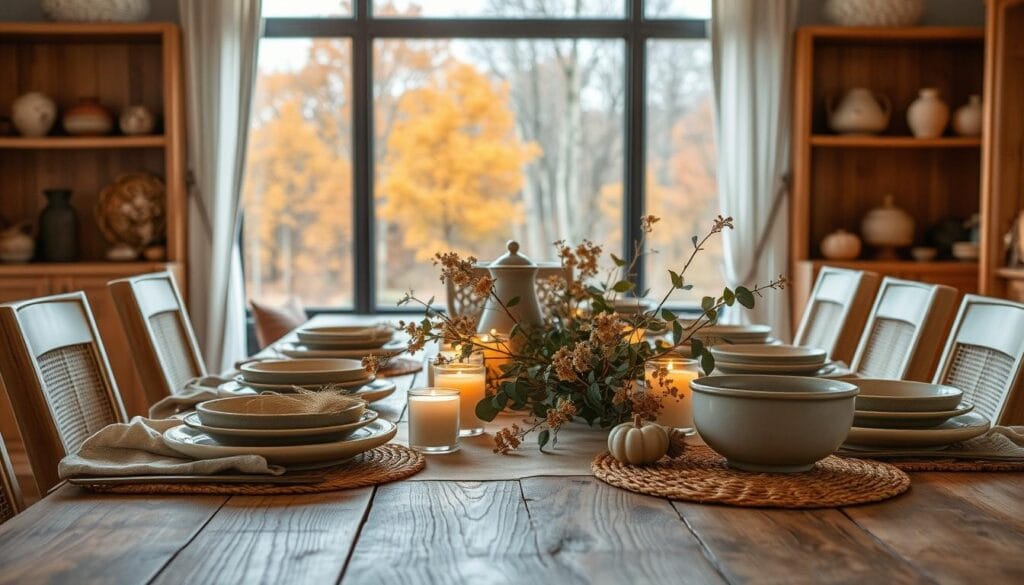A harmonious fall tablescape with a rustic, cozy ambiance. In the foreground, a wooden table is set with a linen tablecloth, natural fiber placemats, and an assortment of earth-toned ceramic dishes. Sprigs of eucalyptus and dried flowers create a centerpiece, complemented by the warm glow of candlelight. In the middle ground, a large window frames an autumnal landscape, with trees in shades of amber and gold. The lighting is soft and diffused, creating a intimate, inviting atmosphere. In the background, natural wood shelves display earthy ceramics and woven accents, reinforcing the harmonious, nature-inspired aesthetic.