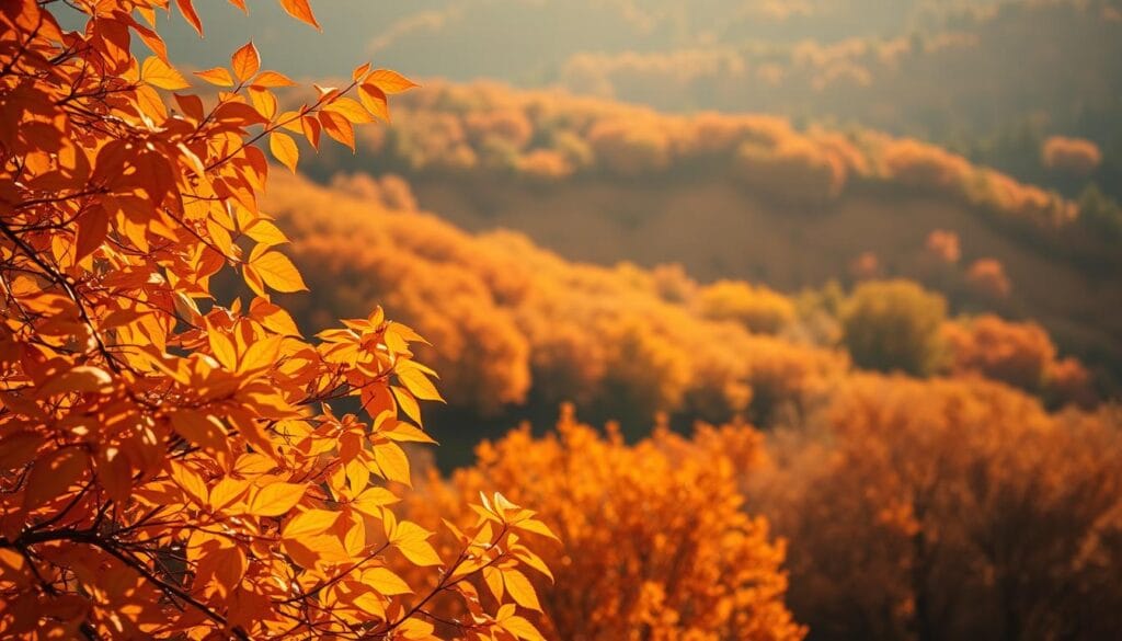 A lush, autumnal landscape bathed in warm, golden light. In the foreground, a vibrant palette of orange and yellow leaves cascades across the frame, their hues rich and vibrant. The middle ground features a gently rolling hillside, covered in a tapestry of earthy tones - ochre, rust, and burnished amber. In the distance, a hint of a wooded area, the trees' foliage ablaze with the colors of the season. The lighting is soft and diffused, creating a cozy, inviting atmosphere. The composition is balanced, with the bold foreground colors drawing the eye inward. This image evokes the spirit of a cozy, autumnal day, perfect for exploring the seasonal shades of orange and yellow.