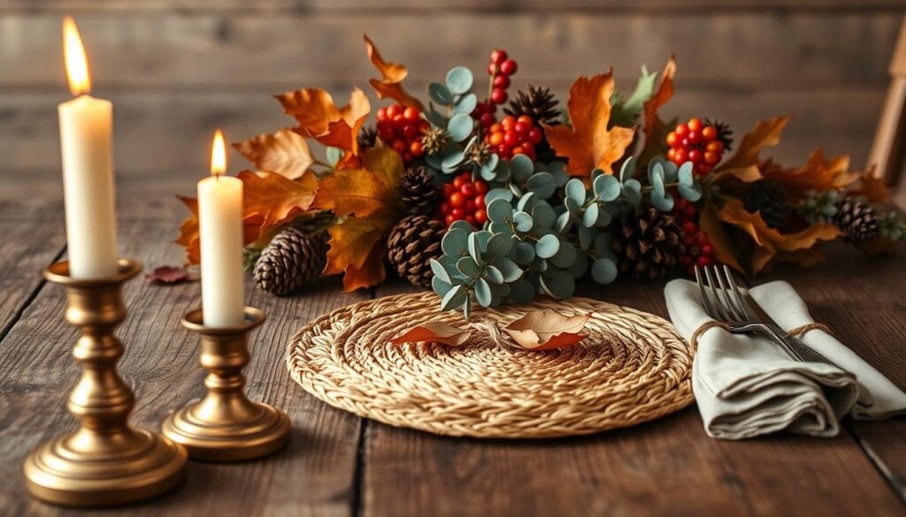A rustic fall table setting with a weathered wooden surface, adorned with an arrangement of autumn leaves, pinecones, and a few clusters of seasonal berries. In the foreground, a pair of antique brass candlesticks cast a warm, flickering glow across the scene. In the middle ground, a woven rattan charger plate and a sprig of fragrant eucalyptus add natural textures, while a simple linen napkin and a set of vintage-inspired flatware complete the look. The background features a subdued, earthy color palette, evoking the cozy ambiance of a countryside harvest celebration.