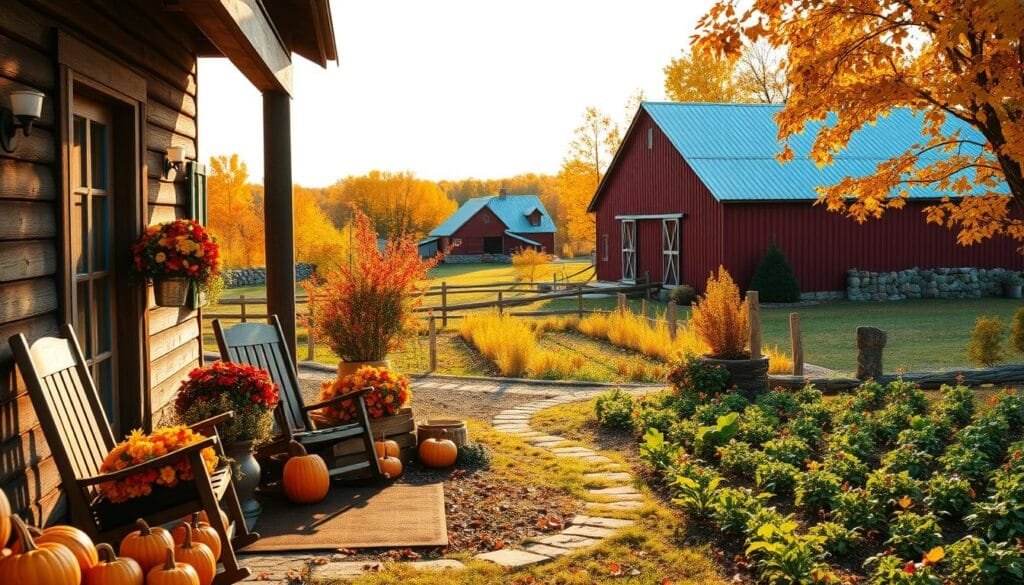 A rustic farmhouse nestled amidst an autumnal landscape, its weathered wood and stone facade bathed in warm, golden light. In the foreground, a cozy porch adorned with clusters of vibrant pumpkins, gourds, and autumn foliage. Wooden rocking chairs and a worn welcome mat invite visitors to pause and soak in the serene, countryside ambiance. The middle ground reveals a lush garden, its rows of hearty vegetables and herb plants swaying gently in a soft breeze. In the distance, a red barn stands tall, its tin roof gleaming under the afternoon sun, framed by a tapestry of changing leaves in shades of amber, crimson, and ochre. This scene evokes a sense of timeless, pastoral charm, perfectly capturing the essence of rustic farmhouse style in the autumn season. A rustic farmhouse nestled amidst an autumnal landscape, its weathered wood and stone facade bathed in warm, golden light. In the foreground, a cozy porch adorned with clusters of vibrant pumpkins, gourds, and autumn foliage. Wooden rocking chairs and a worn welcome mat invite visitors to pause and soak in the serene, countryside ambiance. The middle ground reveals a lush garden, its rows of hearty vegetables and herb plants swaying gently in a soft breeze. In the distance, a red barn stands tall, its tin roof gleaming under the afternoon sun, framed by a tapestry of changing leaves in shades of amber, crimson, and ochre. This scene evokes a sense of timeless, pastoral charm, perfectly capturing the essence of rustic farmhouse style in the autumn season.