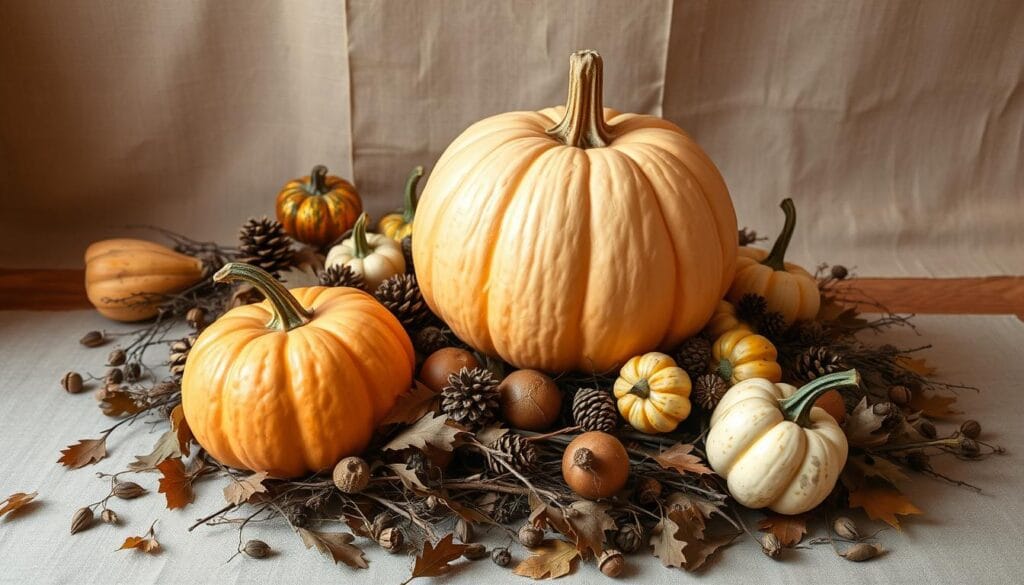 A rustic, natural pumpkin display with an artisanal, handcrafted aesthetic. In the foreground, a large, pristine pumpkin sits atop a bed of dried leaves, twigs, and pinecones. Surrounding it are clusters of smaller gourds, acorns, and other foraged elements, arranged in a visually striking, asymmetrical composition. The middle ground features a neutral, earthy backdrop, perhaps a wooden surface or a linen cloth, that allows the natural materials to take center stage. Soft, warm lighting casts a gentle glow, accentuating the textures and hues of the organic materials. The overall mood is one of simplicity, warmth, and a celebration of nature's bounty.