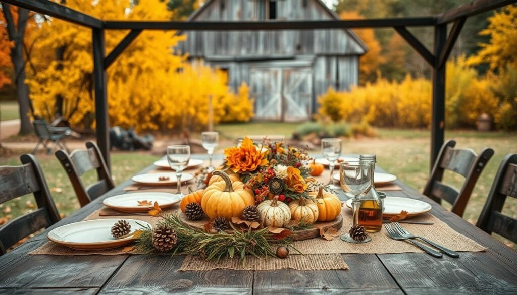 A rustic outdoor fall tablescape set on a weathered wooden table, adorned with a burlap runner, pinecones, and a garland of autumn leaves. In the foreground, a centerpiece of pumpkins, gourds, and seasonal florals casts a warm glow under soft, diffused lighting. Mismatched vintage plates, cutlery, and glasses create an inviting, casual ambiance. In the middle ground, a backdrop of golden foliage and a weathered barn frame the scene, evoking a peaceful, pastoral atmosphere. The image is captured with a wide-angle lens, emphasizing the cozy, intimate setting. A rustic outdoor fall tablescape set on a weathered wooden table, adorned with a burlap runner, pinecones, and a garland of autumn leaves. In the foreground, a centerpiece of pumpkins, gourds, and seasonal florals casts a warm glow under soft, diffused lighting. Mismatched vintage plates, cutlery, and glasses create an inviting, casual ambiance. In the middle ground, a backdrop of golden foliage and a weathered barn frame the scene, evoking a peaceful, pastoral atmosphere. The image is captured with a wide-angle lens, emphasizing the cozy, intimate setting.