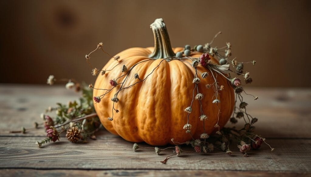 A still life study of botanical pumpkin accents, captured in soft, natural lighting. In the foreground, an heirloom pumpkin nestled amidst a delicate arrangement of dried florals, trailing vines, and fragrant herbs. The middle ground reveals a rustic, wooden surface, complementing the earthy tones of the pumpkin and flora. The background subtly fades into a warm, muted backdrop, creating a sense of tranquility and elegance. The composition emphasizes the organic, handcrafted beauty of these botanical embellishments, inviting the viewer to imagine the pumpkin as a canvas for artful, nature-inspired decor.