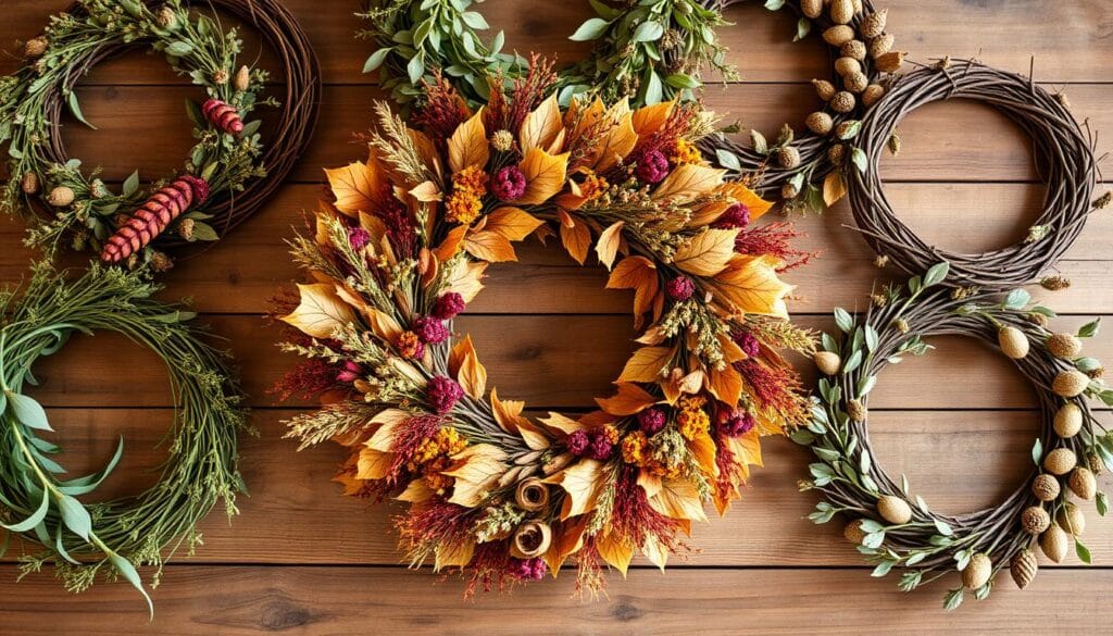 A stunning array of natural, handcrafted wreaths adorns a rustic wooden table. The centerpiece is a lush, autumnal wreath made of dried flowers, leaves, and twigs, accented with vibrant pops of orange and red. Surrounding it are several additional wreaths, each with its own unique design - one features delicate herbs and greenery, another showcases an earthy mix of pinecones and seeded eucalyptus. Warm, diffused lighting casts a cozy glow, highlighting the intricate textures and organic shapes. The overall scene exudes a sense of artisanal craftsmanship and seasonal charm, inviting the viewer to imagine the creative possibilities for unique, nature-inspired wreath designs.