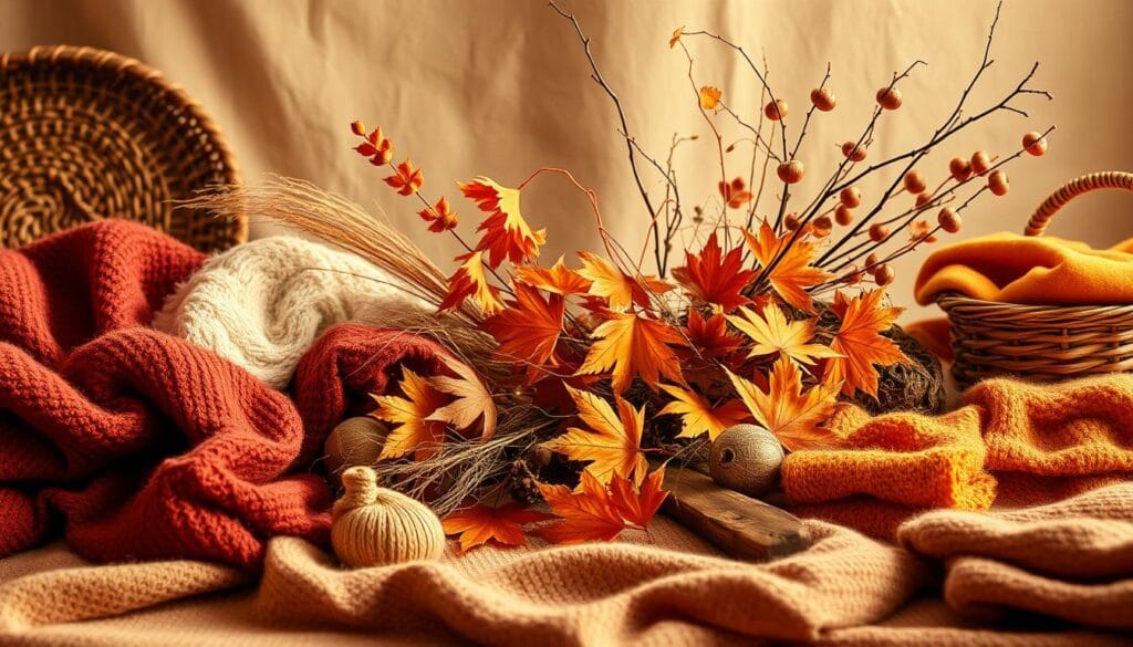 A warm, autumnal color palette captured in a cozy, inviting still life. In the foreground, an assortment of textured fabrics and soft, plush materials in shades of amber, burgundy, and ochre. Interspersed are decorative elements like woven baskets, wooden accents, and dried foliage. The middle ground features a mix of fall flora - vibrant maple leaves, wispy grasses, and delicate branches. A neutral, earthy backdrop complements the rich hues, creating a harmonious, soothing atmosphere. Gentle, diffused lighting casts a golden glow, evoking the tranquil essence of an autumn afternoon. The composition is balanced, with a focus on natural textures and a cohesive color scheme that inspires a sense of seasonal comfort and coziness.