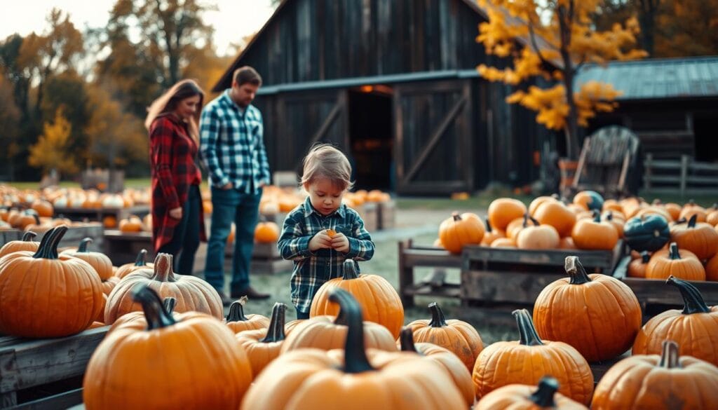 A well-lit outdoor scene of a family selecting pumpkins from a pumpkin patch. In the foreground, a variety of pumpkins in different shapes, sizes, and colors are displayed on wooden crates. A young child examines a pumpkin, considering its size and texture. In the middle ground, parents stand nearby, observing and guiding the child's selection. The background features a rustic barn, surrounded by fall foliage, creating a warm, autumnal atmosphere. Soft, natural lighting illuminates the scene, highlighting the vibrant colors of the pumpkins and the autumn landscape. The overall mood is one of contemplation and the joy of choosing the perfect pumpkin for a creative design.