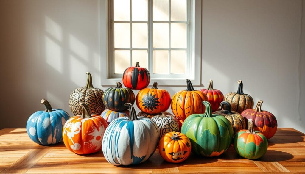 A well-lit studio setting with a collection of freshly painted pumpkins displayed on a wooden table. The pumpkins feature a variety of creative painting techniques, including bold brushstrokes, intricate stencil patterns, and vibrant color combinations. Shafts of natural light from a large window cast dramatic shadows, accentuating the textural details of the paint applications. The background is a neutral, minimalist backdrop that allows the pumpkins to take center stage, showcasing their unique and artful transformations. The overall mood is one of creative exploration and inspiration, inviting the viewer to consider the boundless possibilities of pumpkin decoration beyond traditional carving.