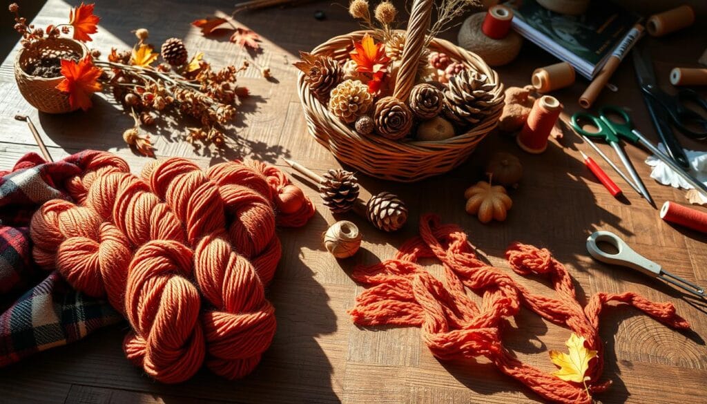 Autumn-hued crafting supplies sprawled across a rustic wooden table, casting warm, soft shadows under natural lighting. In the foreground, a bundle of vibrant yarn skeins in autumnal shades, cozy plaid fabric, and a pair of knitting needles. In the middle ground, a woven basket overflowing with pinecones, acorns, and dried flowers. In the background, a scattering of paint brushes, scissors, and spools of thread in earthy tones. The overall scene evokes a sense of homespun, seasonal creativity and the joyful anticipation of fall DIY projects.