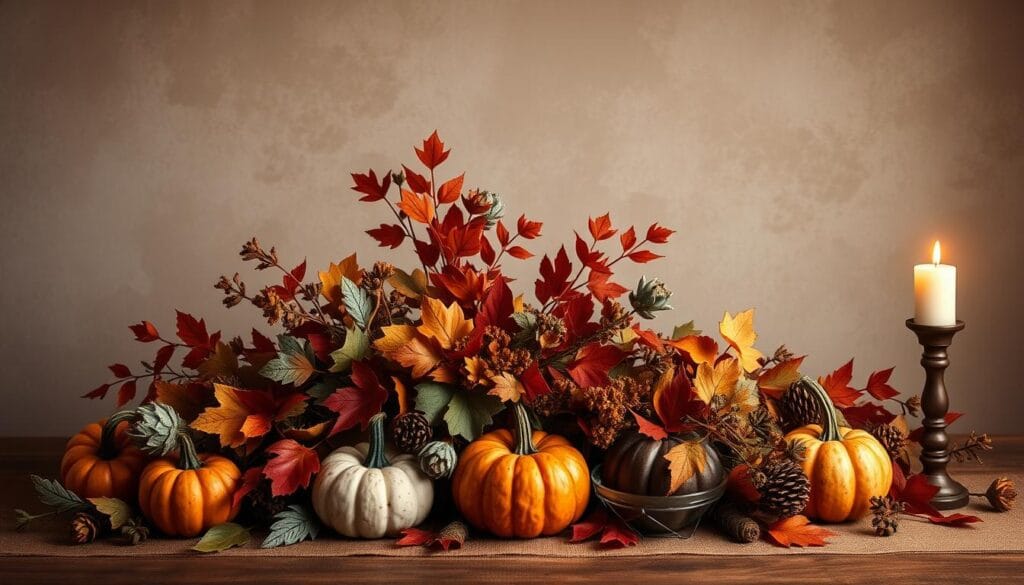 Cozy autumn-inspired color palette featuring rich terracotta, golden ochre, muted sage, and deep burgundy tones. Arrangement of seasonal foliage, gourds, and candles set against a textured, muted background. Soft, warm lighting illuminates the composition, creating an inviting, intimate atmosphere. Composition balanced with a mix of smooth and organic textures, highlighting the natural beauty of the autumnal palette. Camera angle slightly elevated to provide an artful, still-life perspective. Overall, a visually captivating and harmonious seasonal color scheme ideal for setting an elegant, autumnal tablescape.