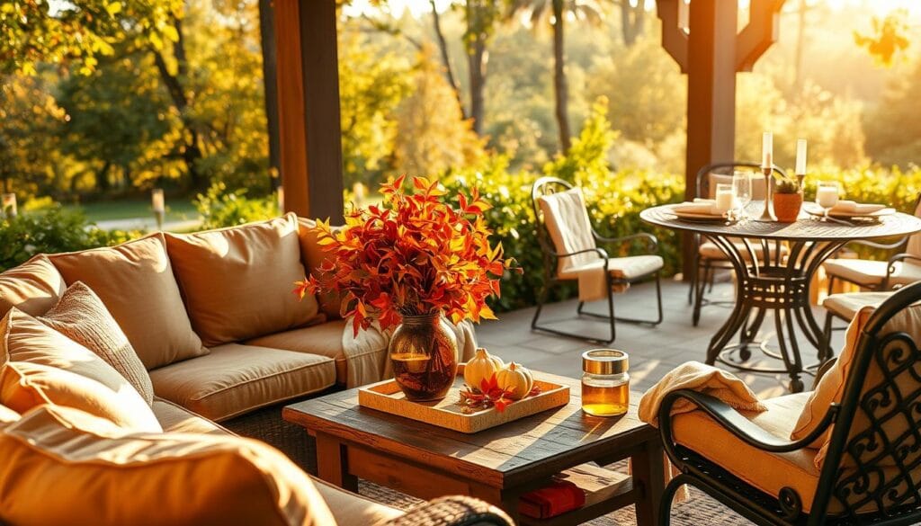 Patio furniture on a warm autumn day, with golden light filtering through the trees. A cozy sectional sofa adorned with plush, earthy-toned cushions invites you to relax. Nearby, a rustic wooden coffee table displays a vase of vibrant fall foliage. In the background, a wrought-iron dining set is set for an intimate al fresco meal, with textured linen napkins and candles casting a soft glow. The scene exudes a sense of comfort and togetherness, perfectly capturing the essence of enhancing outdoor entertaining and functionality as the seasons change.