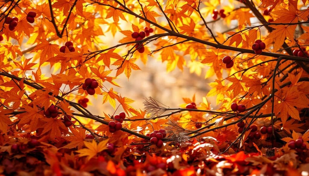 Vibrant autumn textures: a lush, warm palette of golden-orange leaves, russet-red berries, and earthy-brown twigs. Soft, mottled sunlight filters through a canopy of foliage, casting delicate shadows and highlights. Intricate patterns emerge from the interplay of textures - the velvety smoothness of maple leaves, the gnarled bark of branches, the fuzzy nap of pine needles. Compositional depth is achieved through layers of autumn detritus: a foreground of crisp fallen leaves, a middle ground of textural details, and a hazy background of blurred, out-of-focus foliage. Evocative of the cozy, comforting atmosphere of an autumnal living room, inviting the viewer to sink into the warmth of the season.