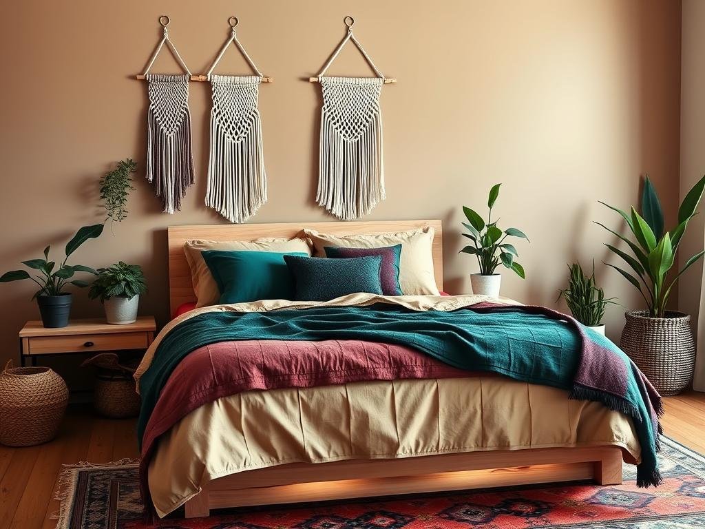 2026 Boho Interior Design Trends showcasing a bedroom with neutral walls and bold jewel-toned textiles