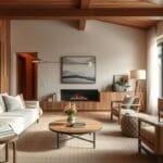 2026 Home Interior Design Trends showcasing a modern living room with natural materials and subtle technology integration