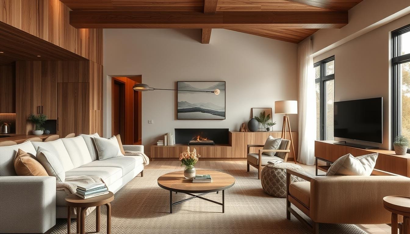 2026 Home Interior Design Trends showcasing a modern living room with natural materials and subtle technology integration
