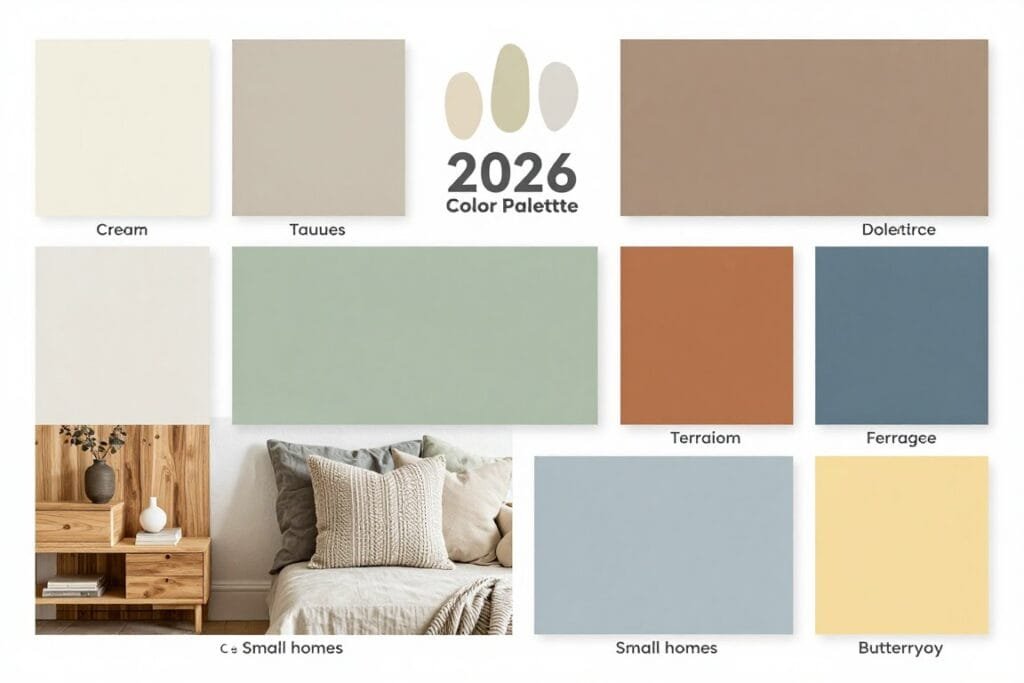 2026 color palette for small homes featuring warm neutrals, sage green, terracotta, and muted blues arranged in a stylish mood board