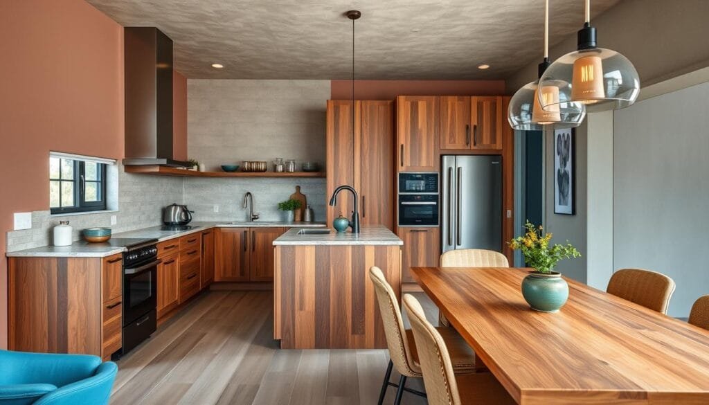 2026 smart home interior featuring natural wood, stone, and earthy color palette