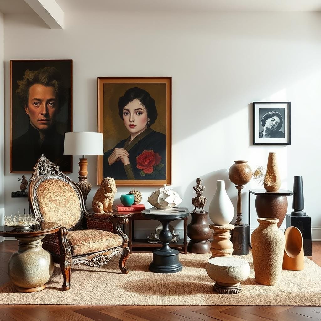 A balanced eclectic space showing curated maximalist elements with breathing room